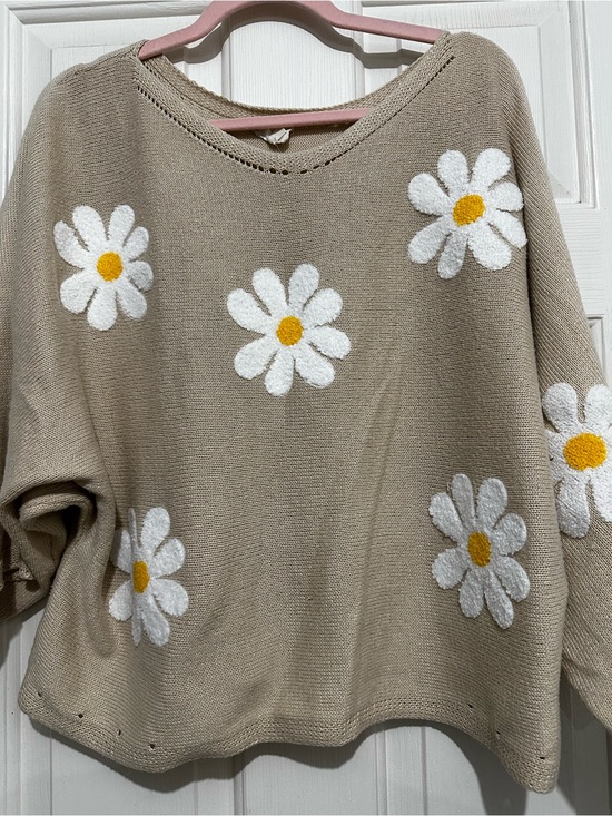 BiBi Sweaters - BiBi Beige Crewneck Sweater with White & Yellow Daisy Embroidery